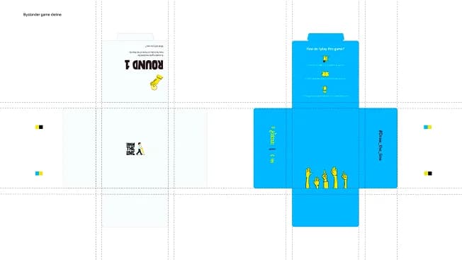 The dieline for one round's sealed packet of the bystander game, laid out flat with its fold lines