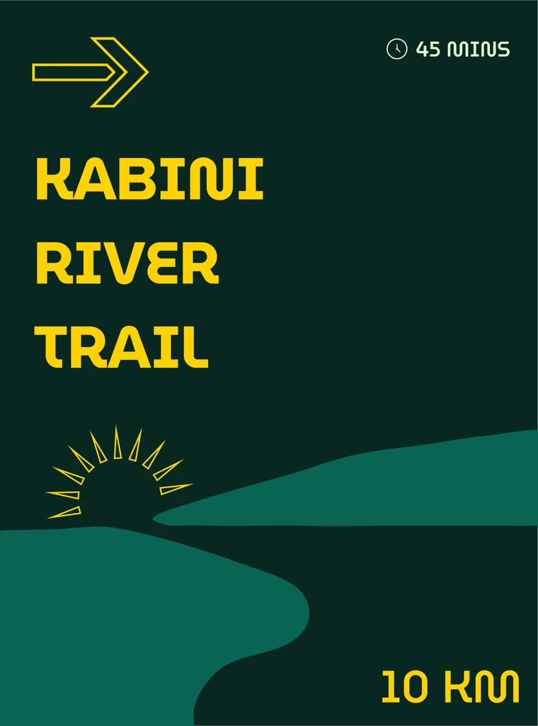 Directional board reading Kabini River Trail, 45 mins, 10 km, with a right arrow and a sun rising over the river