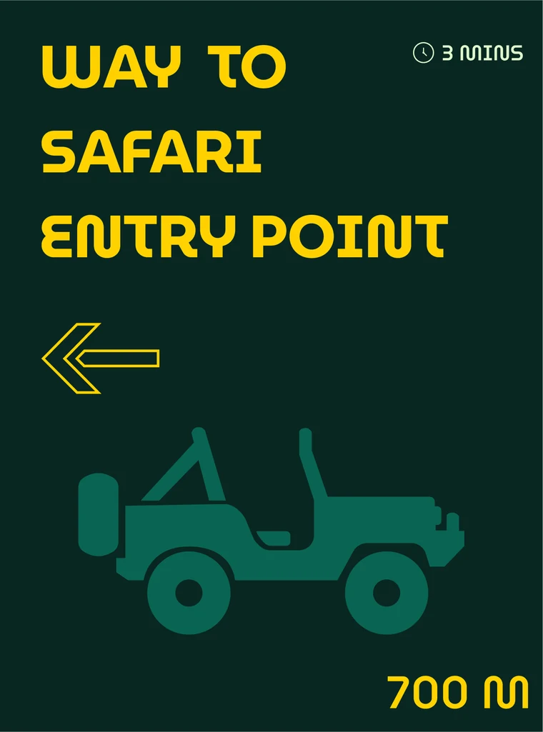 Directional board reading Way to Safari Entry Point, 3 mins, 700 m, with a left arrow and an open safari jeep