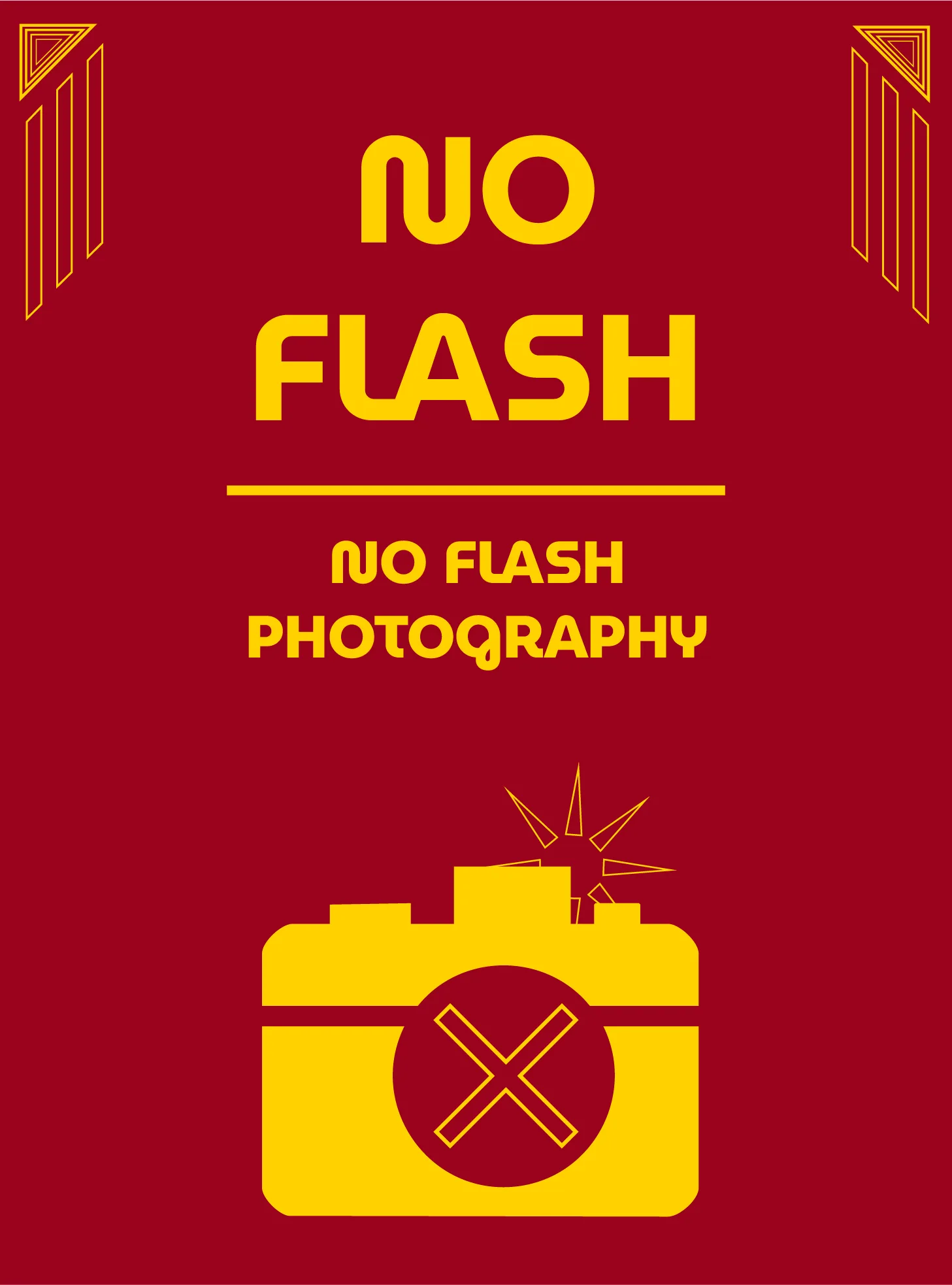 Warning board reading No Flash over No Flash Photography, with a camera whose lens is crossed out and a burst at its corner