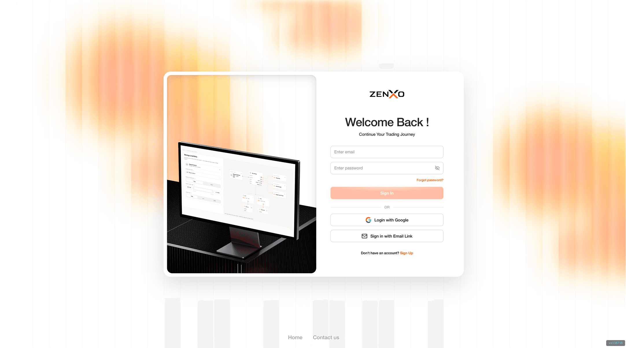 The Zenxo sign-in page: the Welcome Back panel with email and password fields beside a rendering of the builder, over a warm blurred ground