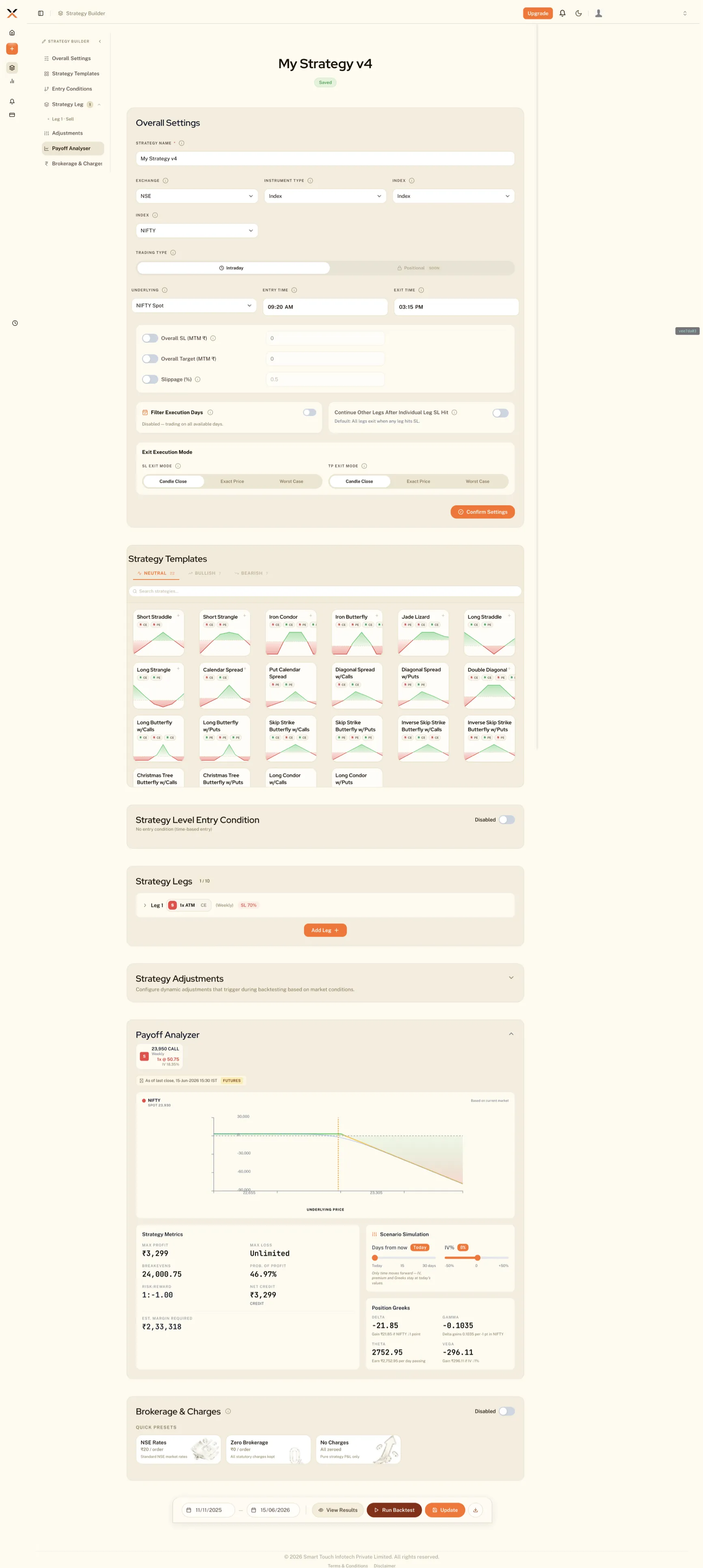 The previous Zenxo builder: nine configuration sections — settings, templates, entry conditions, legs, adjustments, payoff, brokerage — stacked in a single scrolling column.