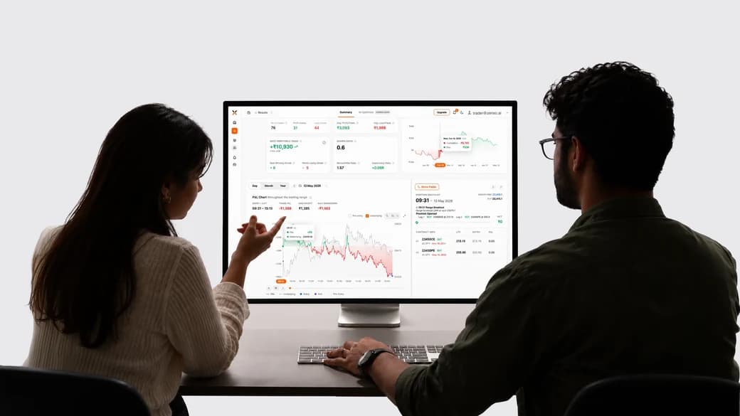 Two traders at a monitor showing the Zenxo results page.