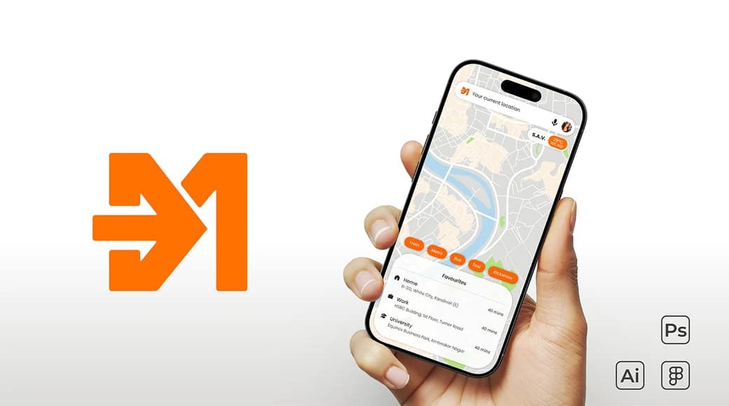 The Mumbai Ek app on a phone: a map with train, metro, bus, taxi and rickshaw filters and saved places beneath it, beside the app's orange arrow mark.