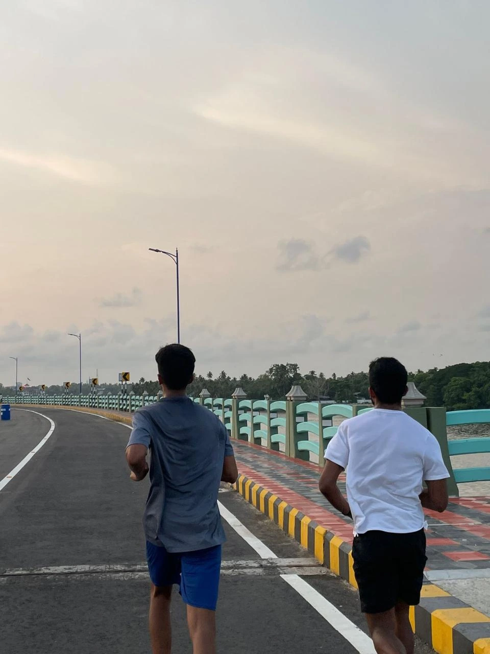 A road at dusk with two figures walking along it