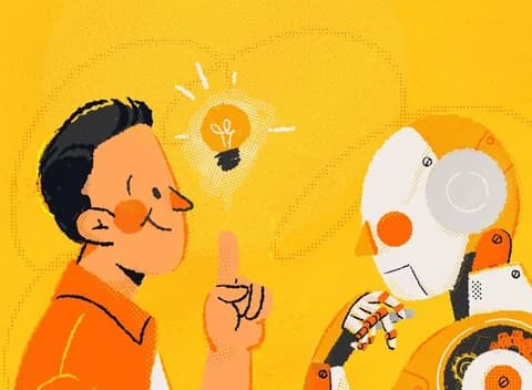 An illustration of a man raising a finger with an idea, a lightbulb between him and a robot