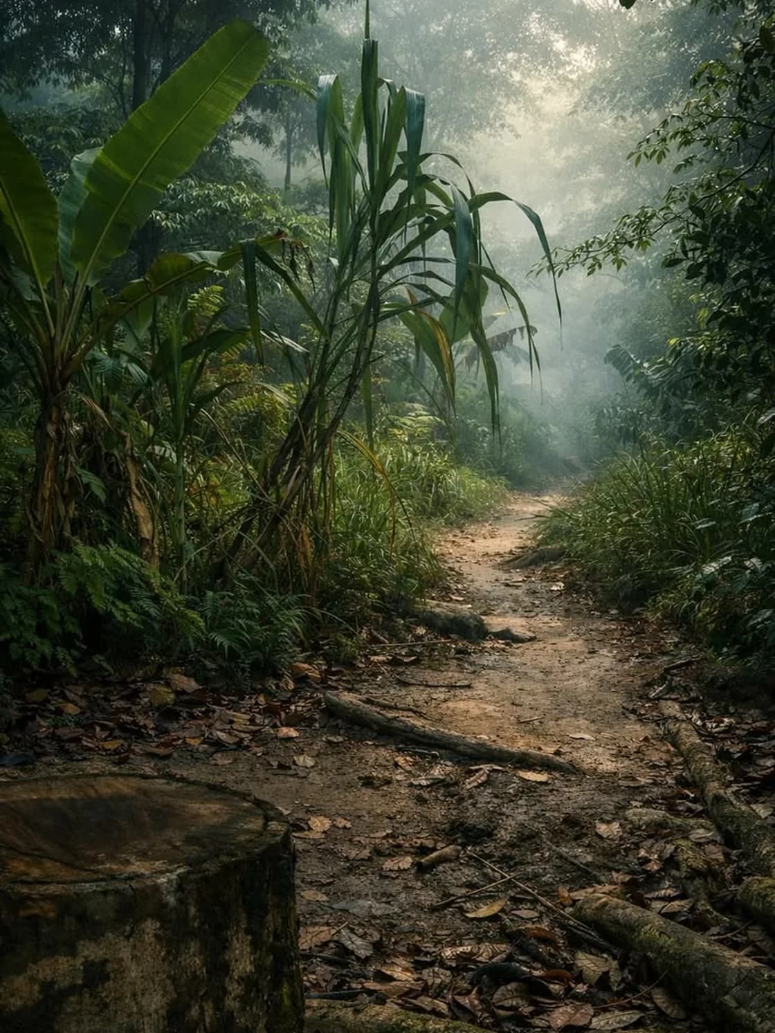 A narrow earth trail through dense misty jungle, banana and cane leaves crowding both sides