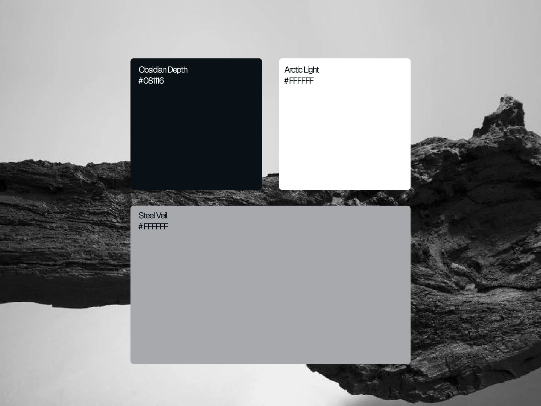 The three brand colours — Obsidian Depth, Arctic Light and Steel Veil — as chips laid over a photograph of charred wood